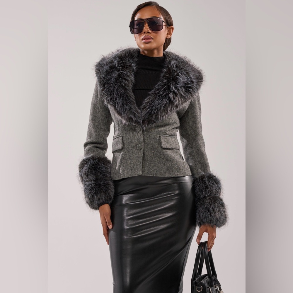 Gray Faux Fur Trimmed Women's Jacket